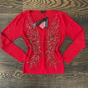 NWT Y2K Red V-Neck Long Sleeve Sweater with Rhinestone Angel Wings - Glam Partyw